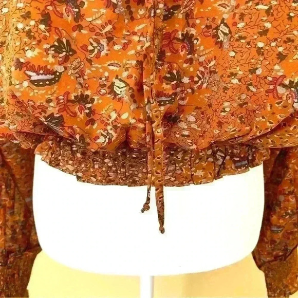 NWT Elan Orange Peasant Boho Tie Neck Long Sleeve Elastic Waist Crop Top Size M - Picture 6 of 13